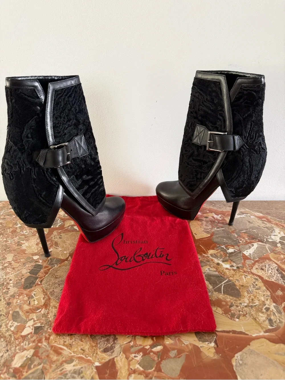 Christian Louboutin Black Leather & Velvet Stiletto Ankle Boots